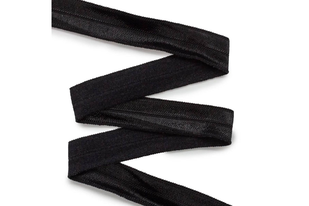 Косая бейка эластичная стрейч блестящая шир.15 мм. арт.4992 цв.черный уп.91 м.