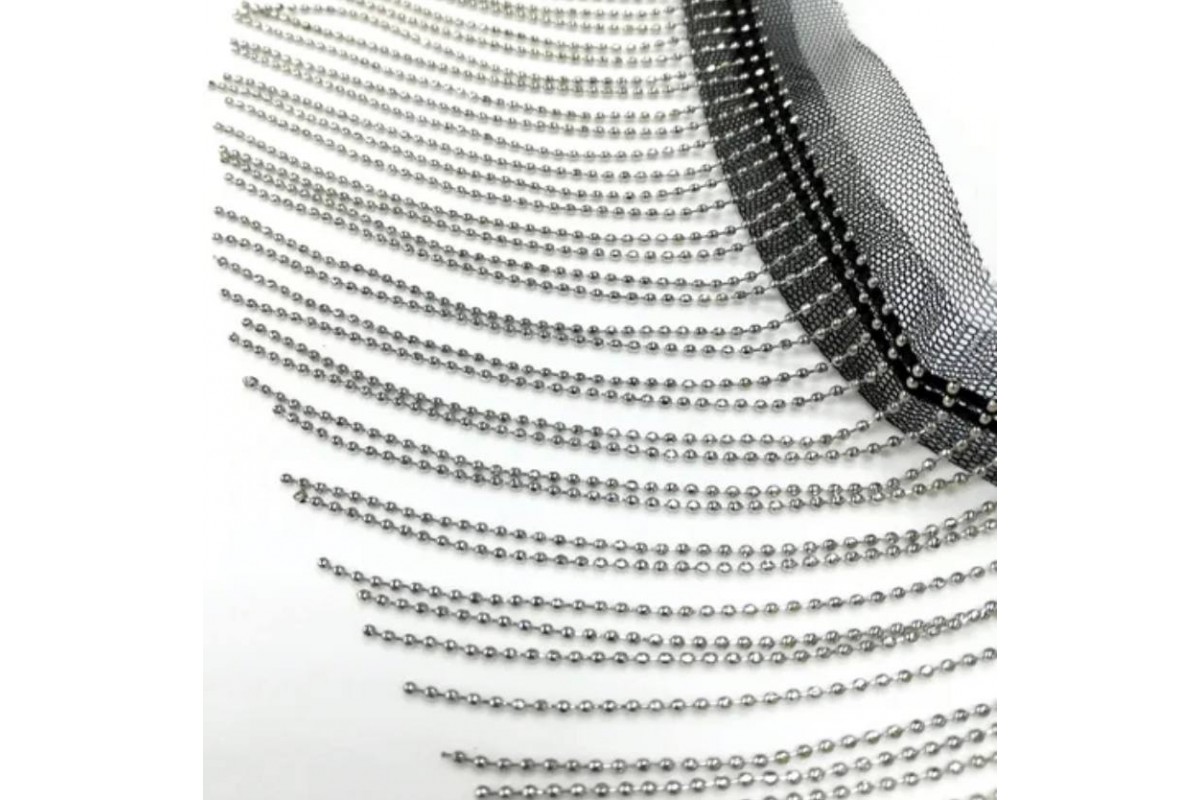 Бахрома металлическая из цепочки на черной тесьме дл.8 см. шир.1,5 мм. арт.91852 цв.серебро уп.22,5 м. (25 ярд).