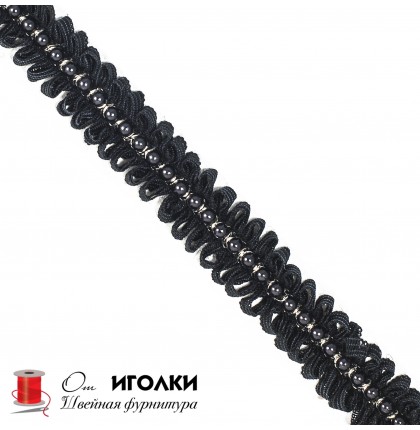 Тесьма Шанель с бусинами шир.2 см (20 мм) арт.LT-8400-1 цв.черный уп.9,14 м